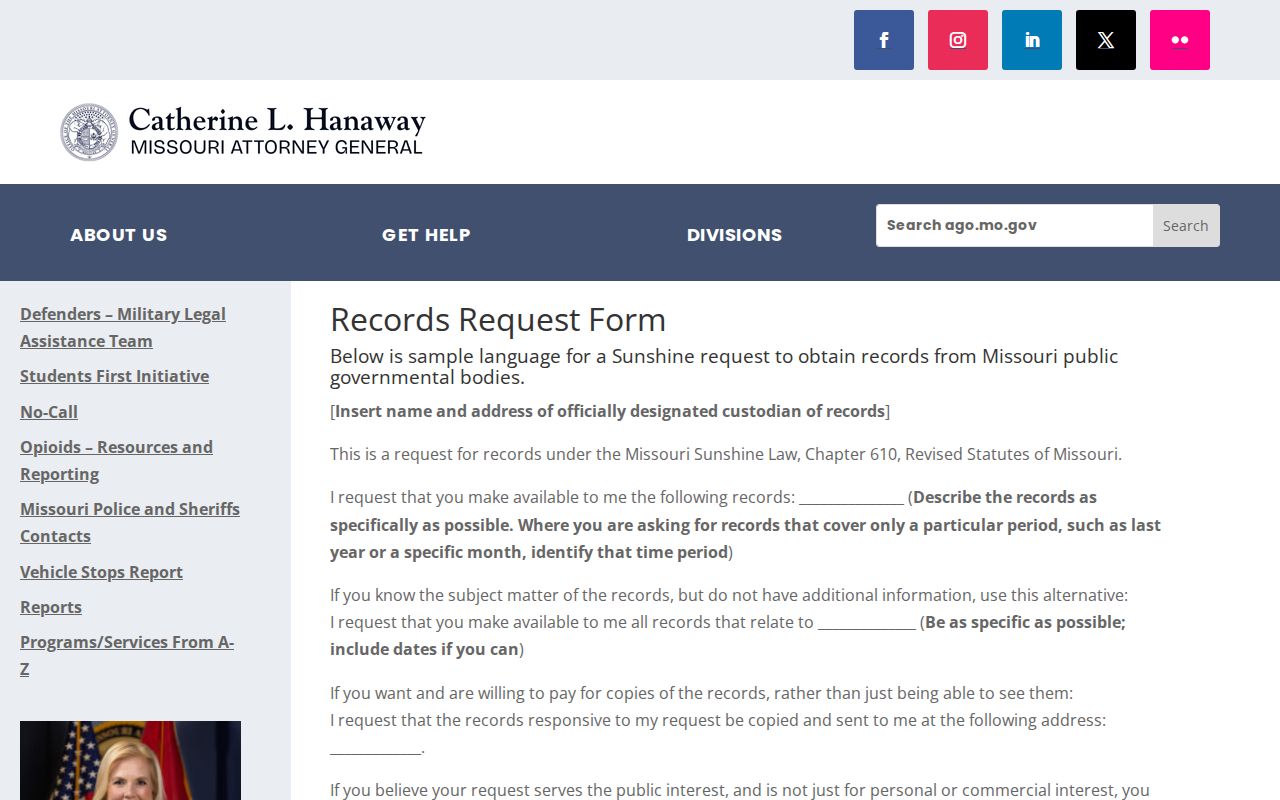 Missouri Sunshine request form for Madison County arrest and booking photo records