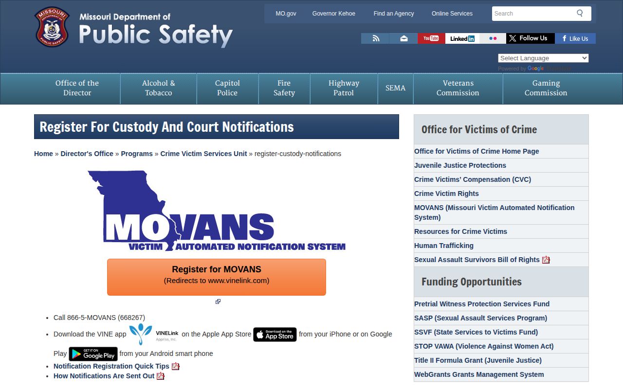Official MOVANS registration page for a Madison County VINELink check