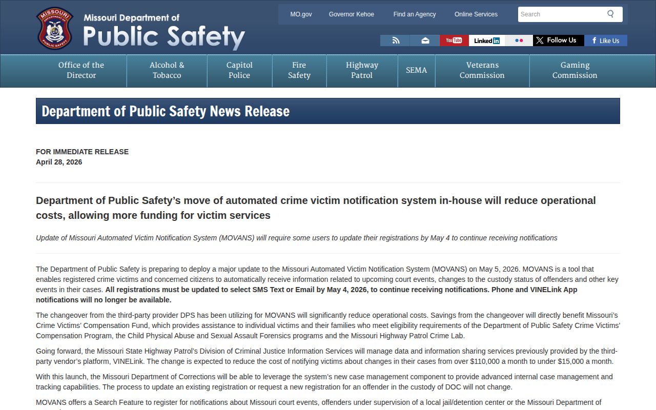 Missouri MOVANS update for Madison County VINELink inmate alerts