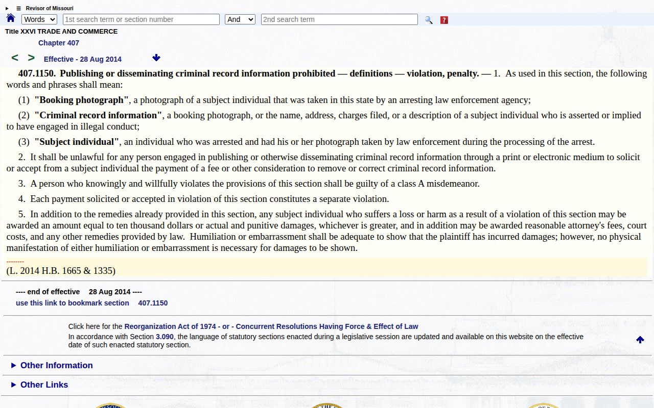 Missouri law on payment to remove Madison County booking photographs and arrest records