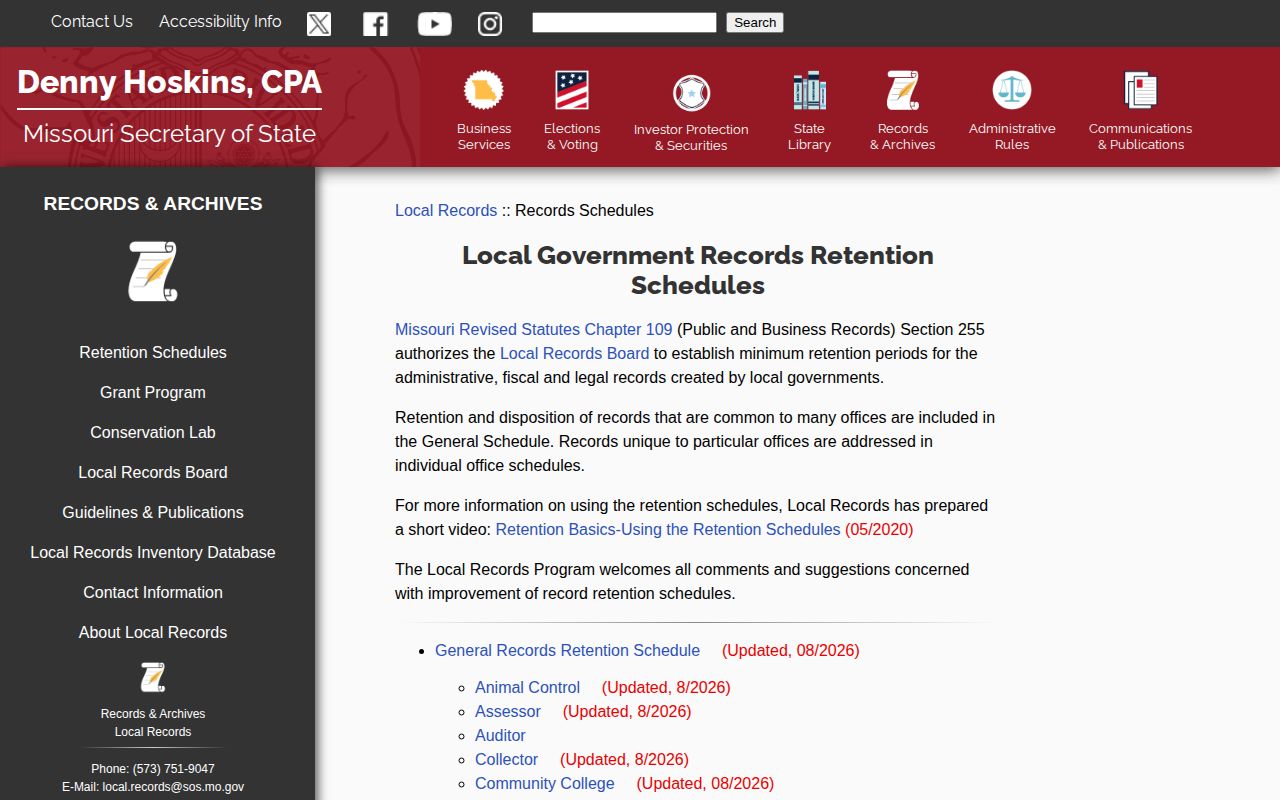 Missouri retention schedule for Madison County arrest log records